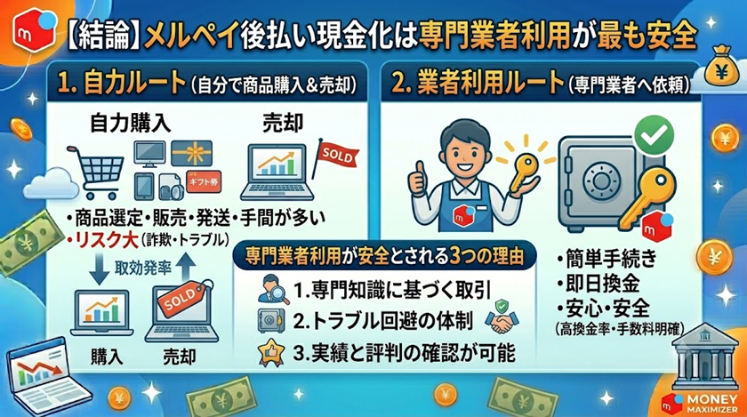 【結論】メルペイ後払い現金化は専門業者利用が最も安全
