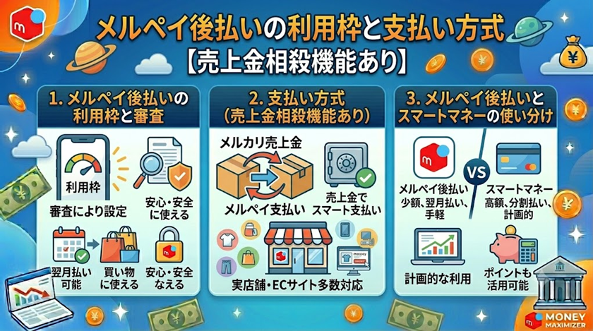 メルペイ後払いの利用枠と支払い方式【売上金相殺機能あり】