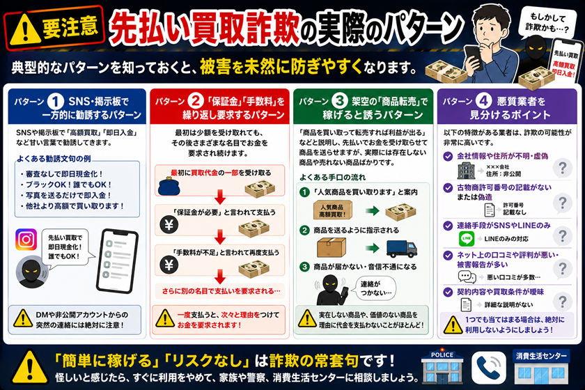 先払い買取詐欺の実際のパターン