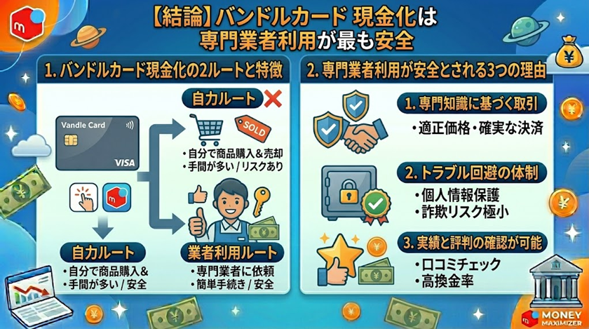 【結論】バンドルカード現金化は専門業者利用が最も安全