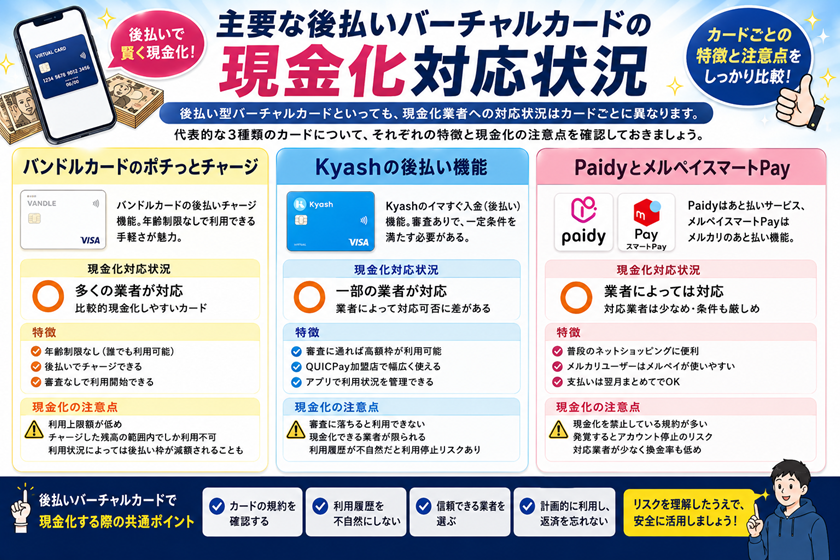 主要な後払いバーチャルカードの現金化対応状況