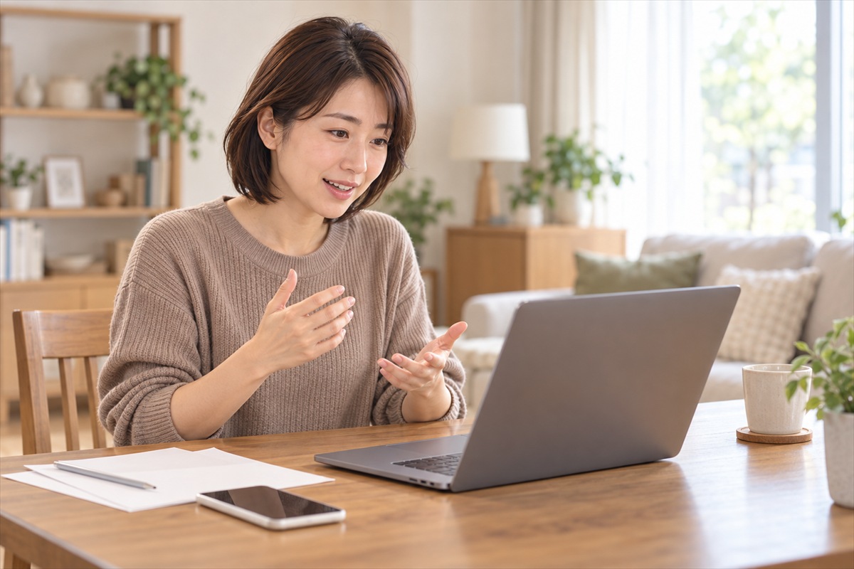 自宅のテーブルでノートパソコンに向かいビデオ通話で相談する女性
