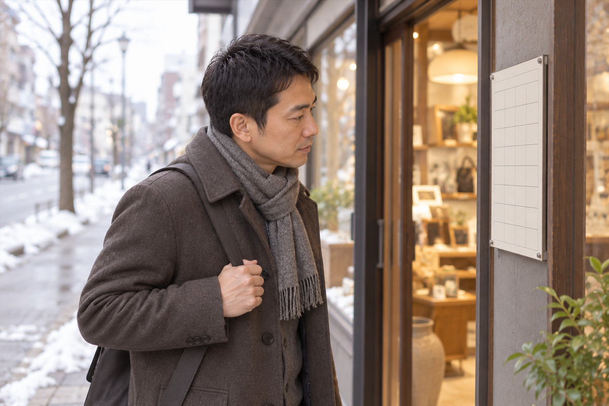 雪の残る街で買取店の入口に近づき、営業日の掲示を確かめる40代の男性