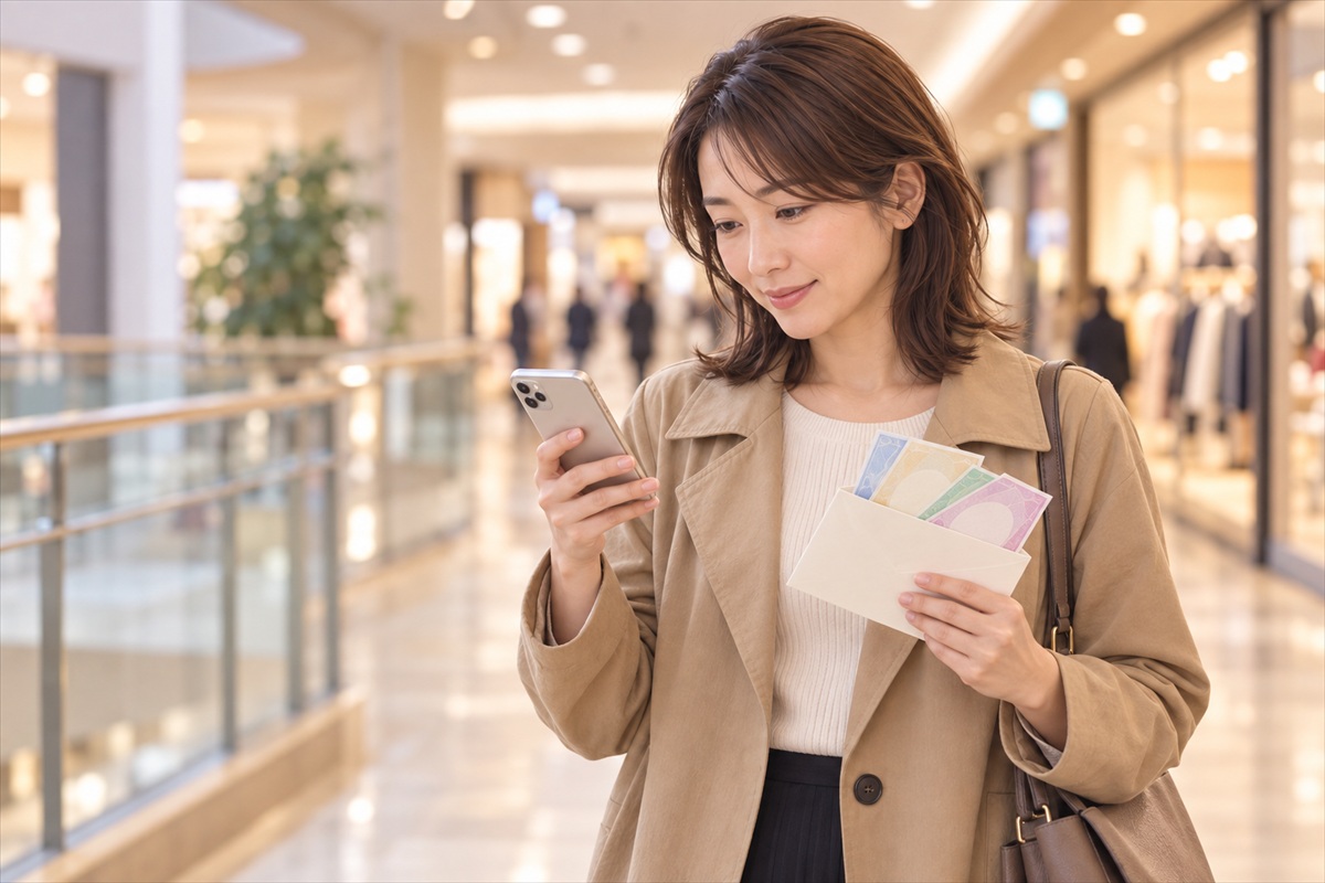ショッピングセンターの通路で商品券の封筒とスマートフォンを持つ女性