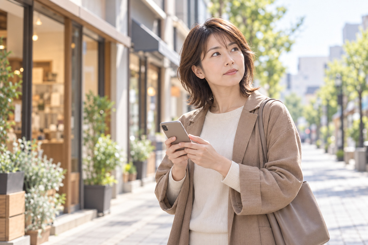 日曜の朝、店が並ぶ通りの前で地図アプリを開く30代の女性