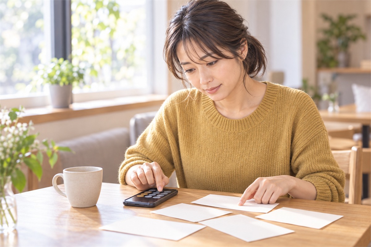 カフェで券を並べてスマートフォンの電卓で見比べる女性