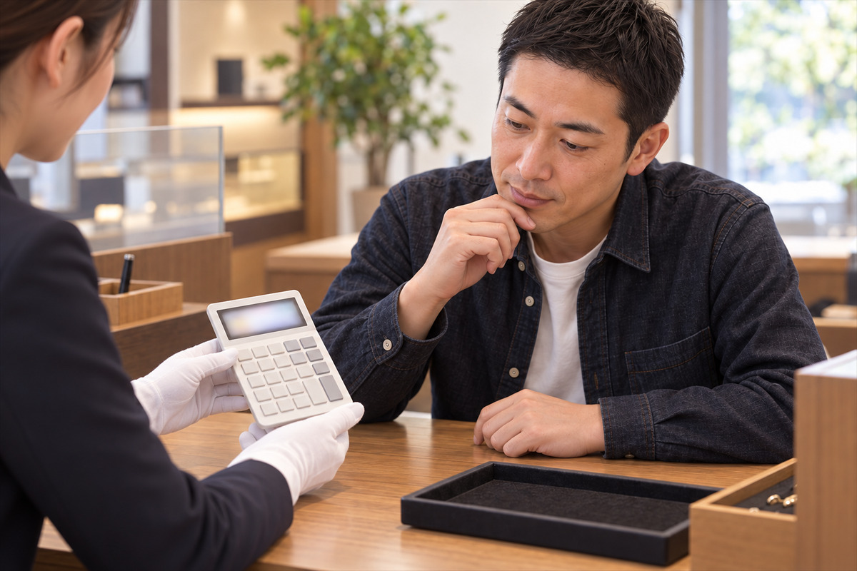 質屋のカウンターで店員が電卓を見せ、それをのぞき込む40代の男性
