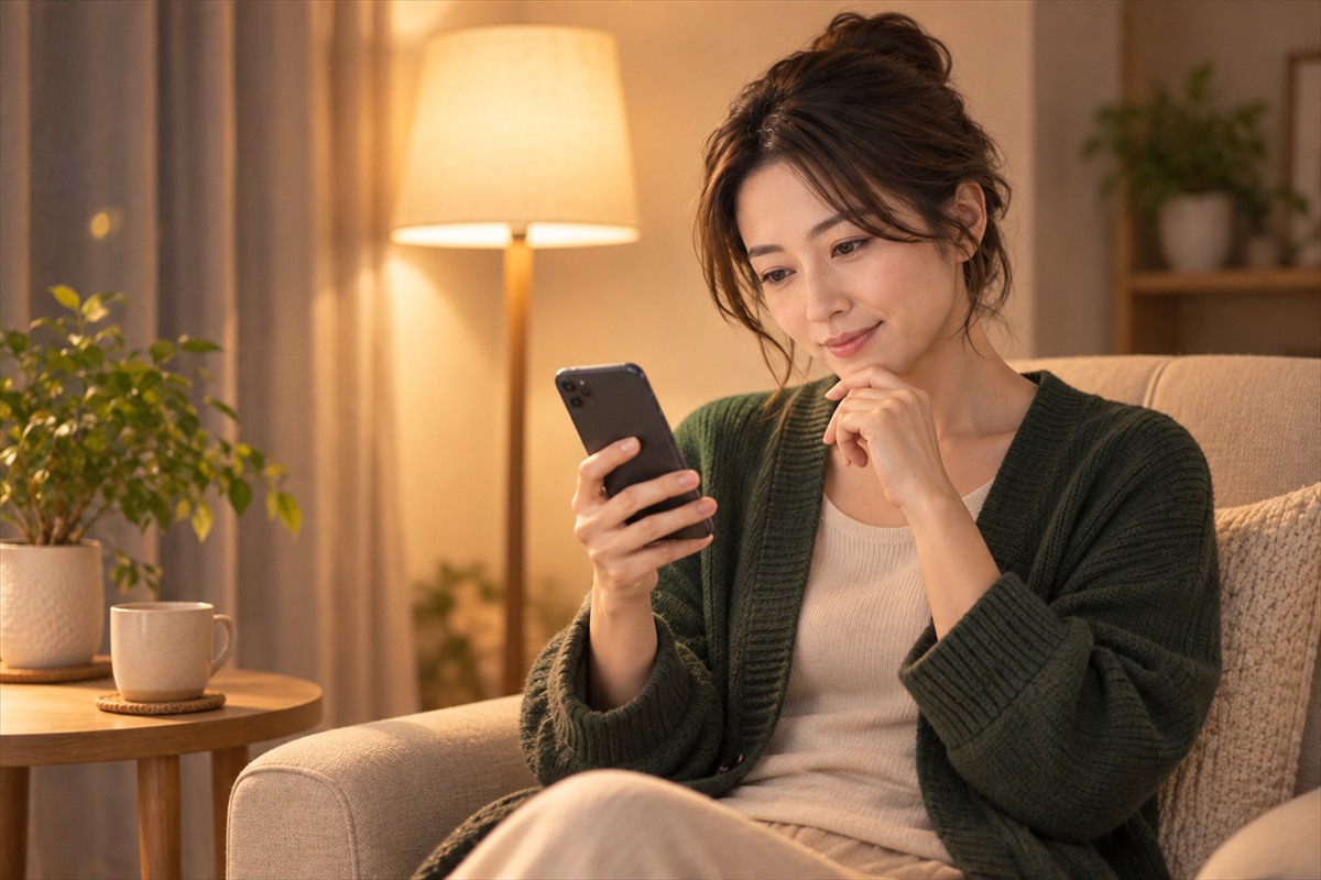 夜の部屋で照明の下スマートフォンを持つ女性