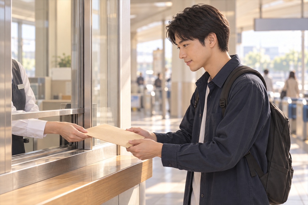 博多駅構内の窓口で受け取る男性