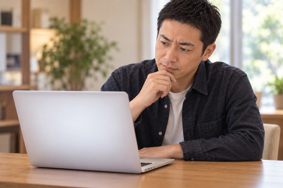 自宅のデスクでノートパソコンの画面を見つめ、表示されたサイトを不審に思う40代の男性