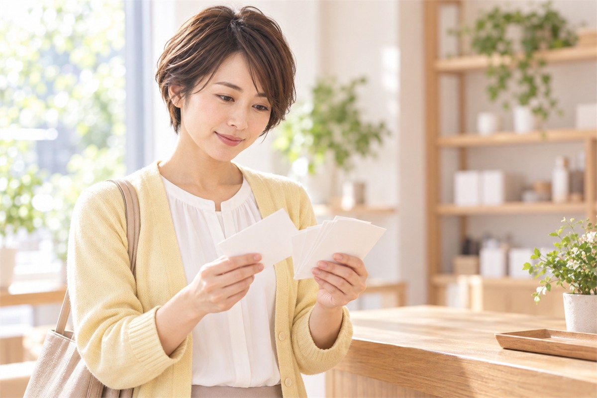 店内のカウンター前で券の束を数える女性