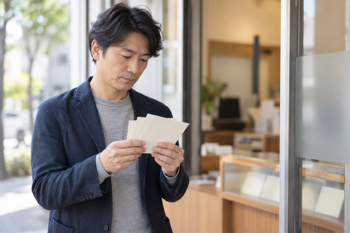 金券ショップの店頭で、手にした商品券の枚数を数える40代の男性