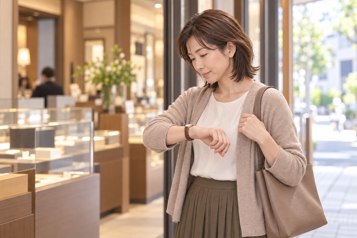 買取店の店頭で、腕時計を見て時刻を確かめる40代の女性