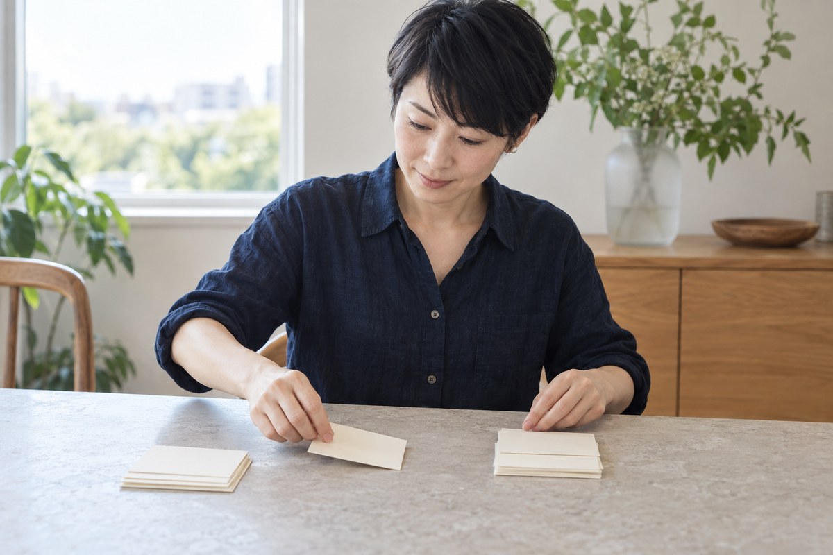 テーブルで券を2つに分けて並べる女性