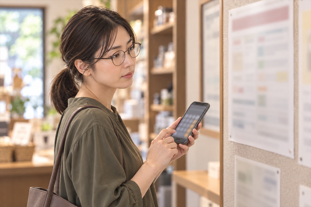 広島の店内の掲示を見ながら計算する女性