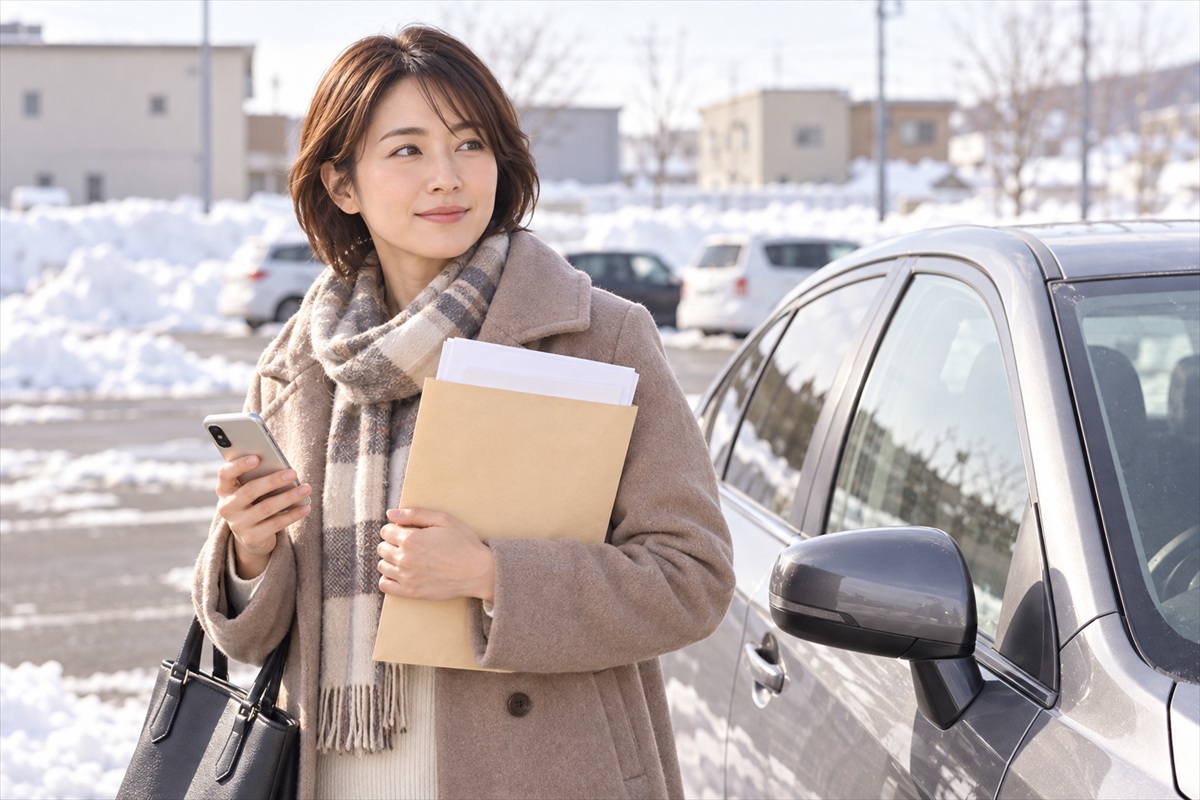 雪の残る駐車場で郵送買取の封筒とスマートフォンを持つ女性