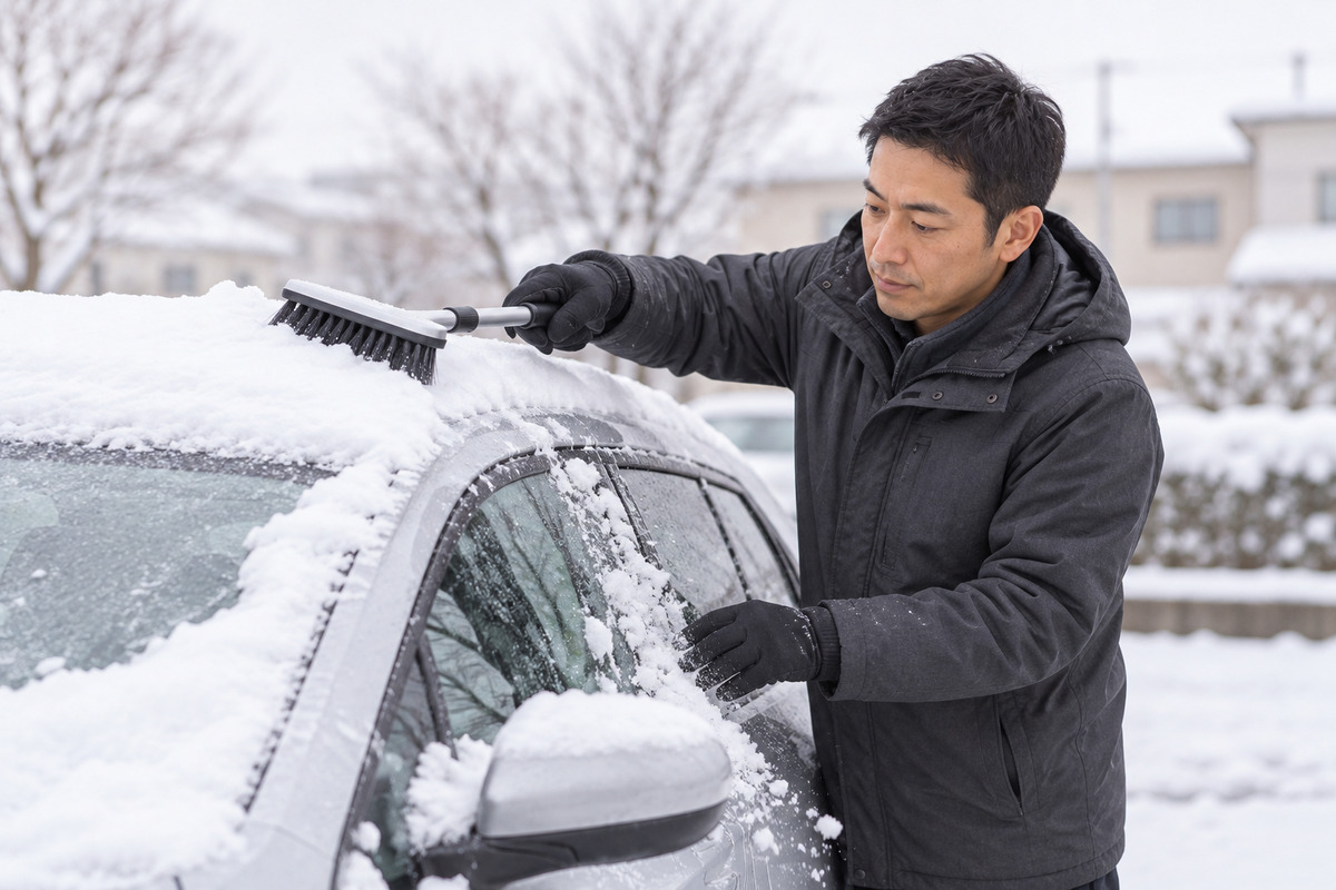 雪の積もった駐車場で車の雪を落としながら、出かける準備をする40代の男性