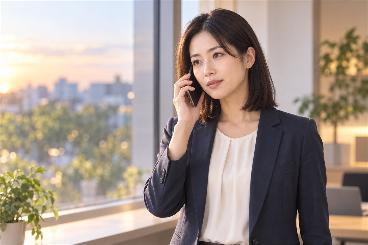 夕方のオフィスの窓際で電話で相談する女性
