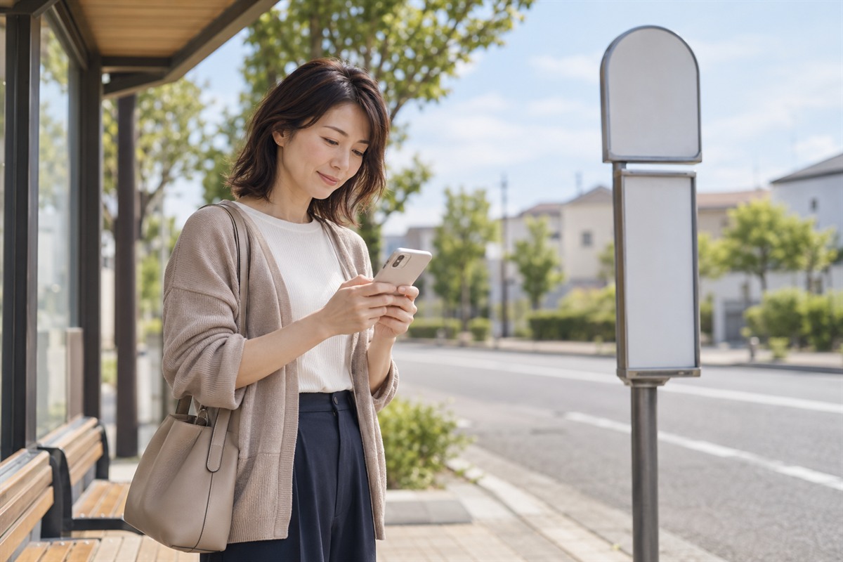 郊外のバス停で、スマートフォンを見ながらバスを待つ40代の女性