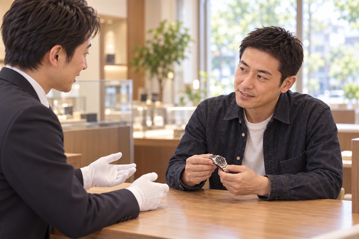 郊外の質屋のカウンターで、店員と穏やかに話す40代の男性