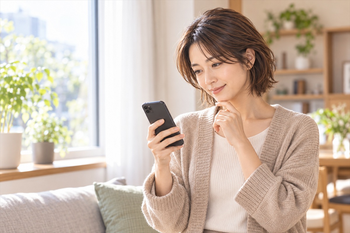 自宅の窓際でスマートフォンを手に電話をかけようとする女性