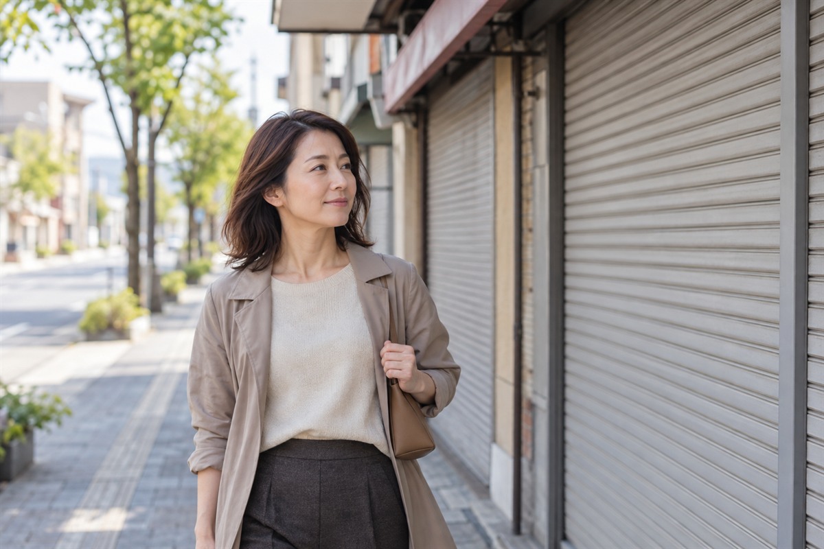 地方の街の商店街で、閉まったシャッターの前を通り過ぎる40代の女性