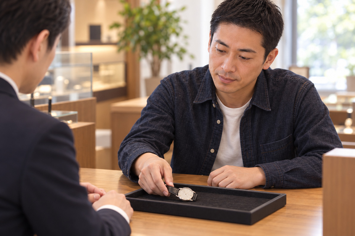 質屋のカウンターで腕時計を差し出し、預ける相談をする40代の男性