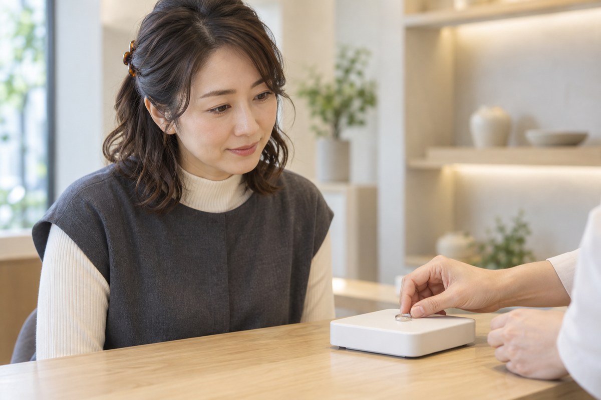 買取店のカウンターで指輪の計量を見守る女性