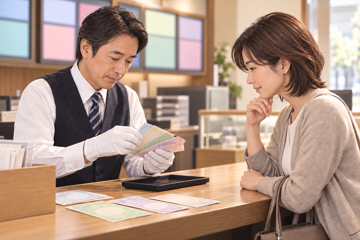鹿児島の金券ショップで商品券を査定してもらう様子