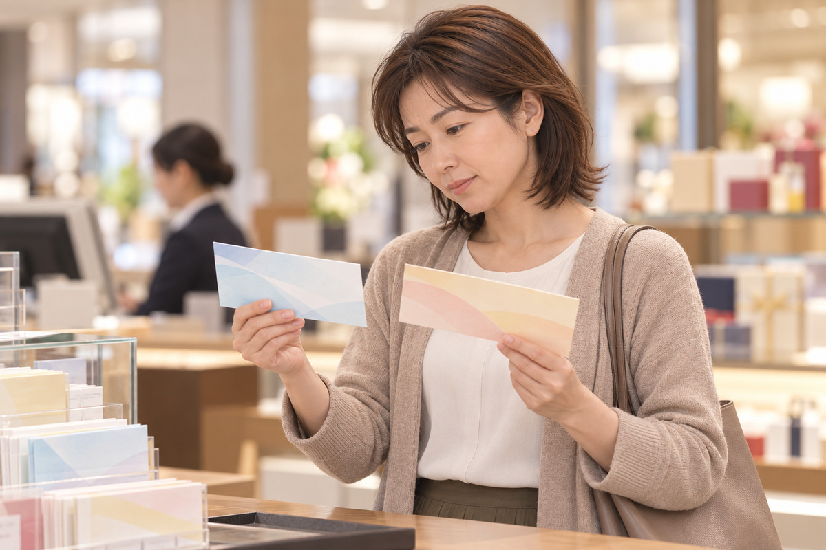 デパートの商品券売り場で、2種類の商品券を手に見比べる40代の女性