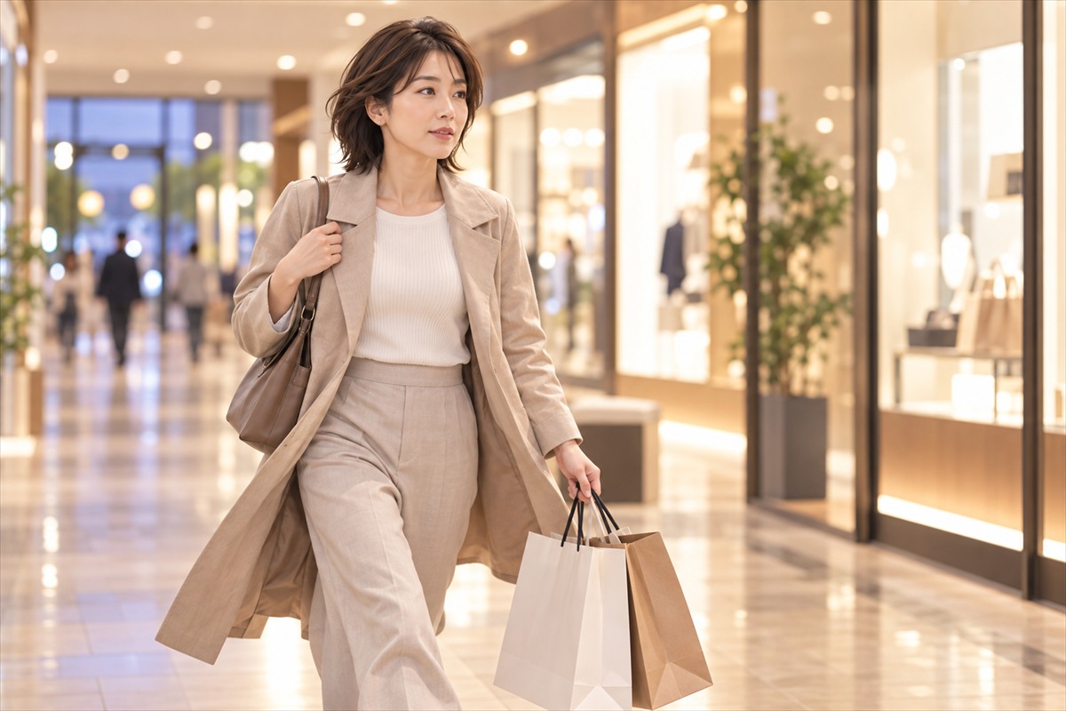 夕方のショッピングモールの通路を急ぎ足で歩く女性