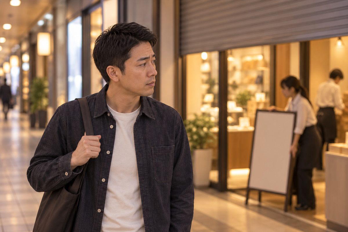 夕方のショッピングモールの通路で、閉店の準備をする店の前に立つ30代の男性