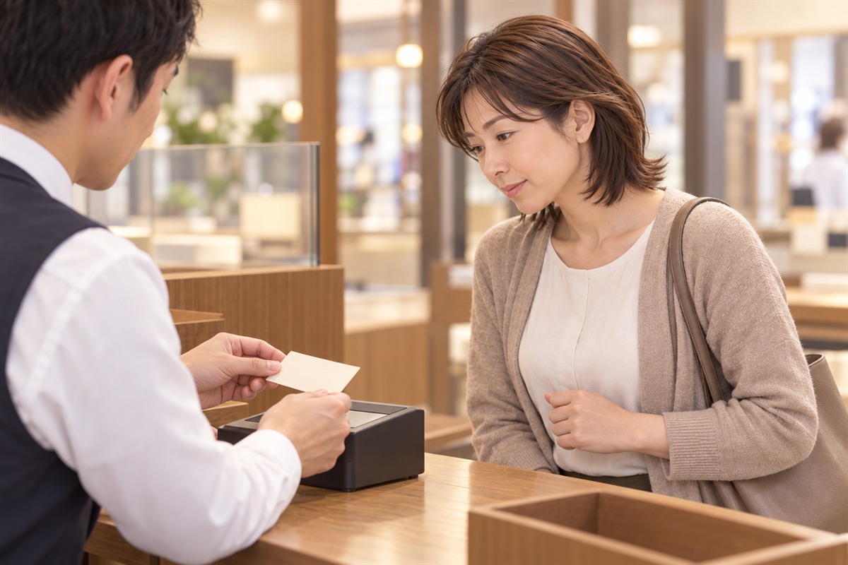 金券ショップのカウンターで、店員が券を機器にかざして確認しているのを見守る30代の女性