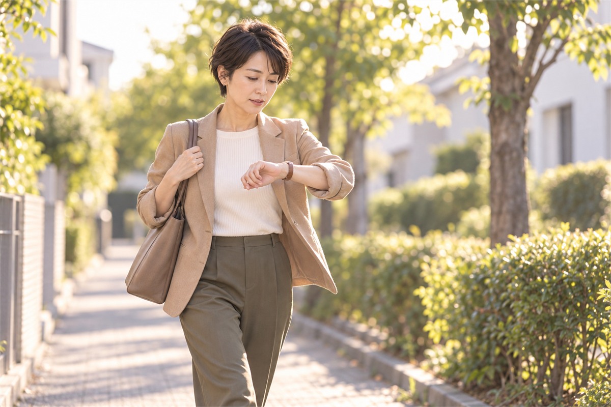 夕方の街路で腕時計を見ながら急ぐ女性