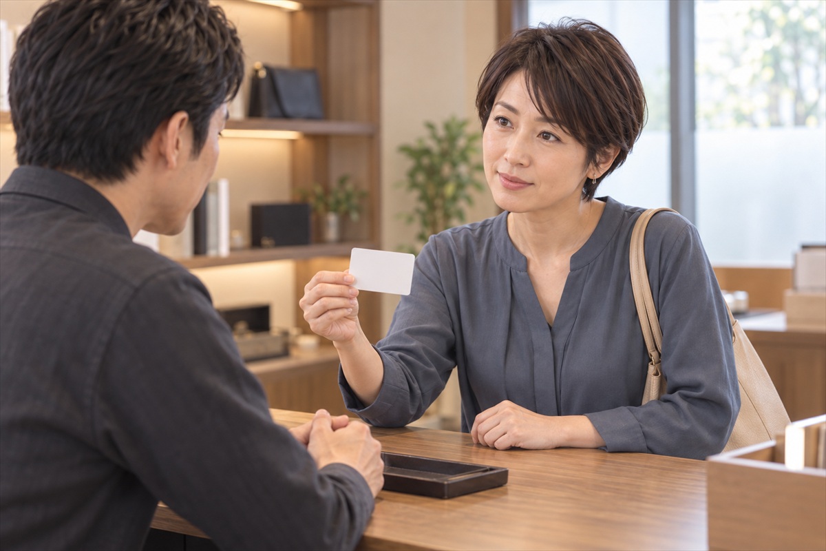 神戸の買取店で身分証を見せる女性