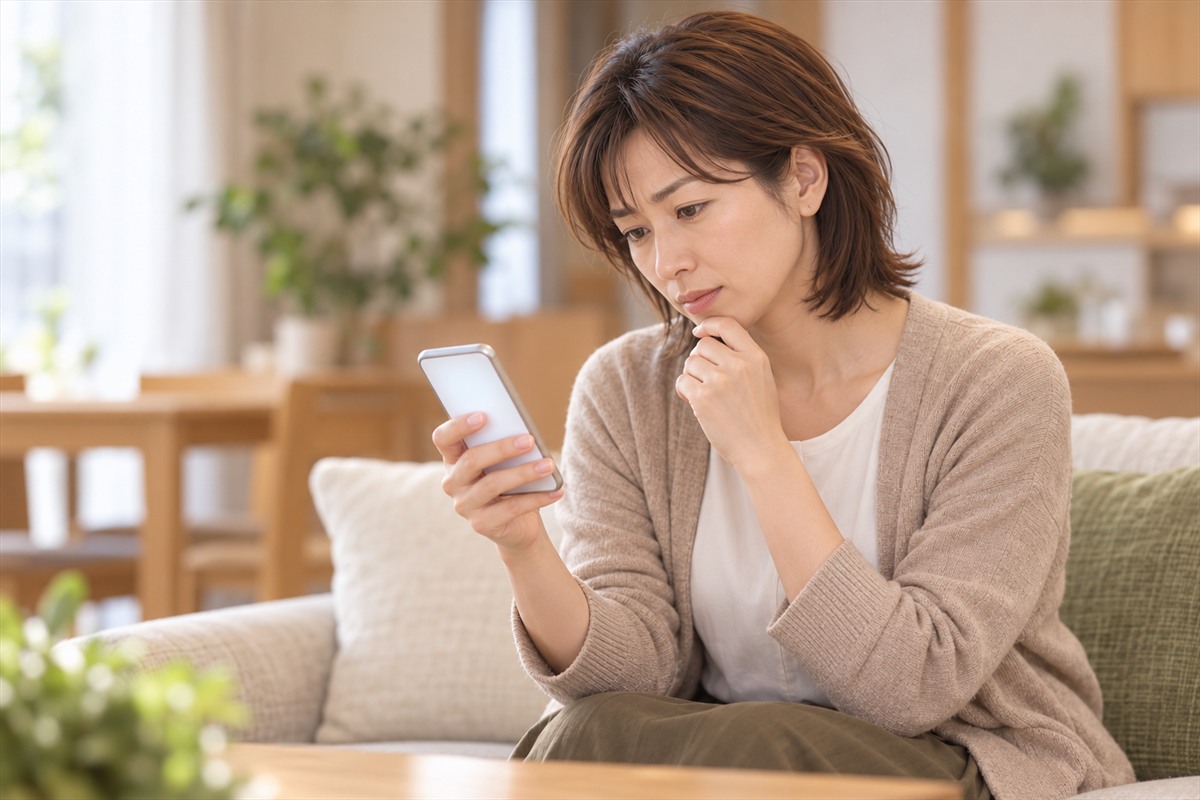 自宅のリビングでスマートフォンを手に、通知の画面を見て困った表情をする30代の女性