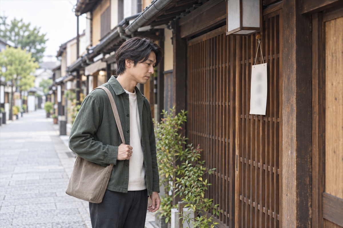 京都の商店街で休業札を見る男性