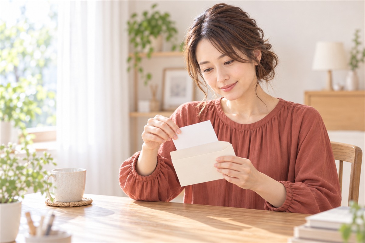自宅の机で紙片を封筒に入れる女性