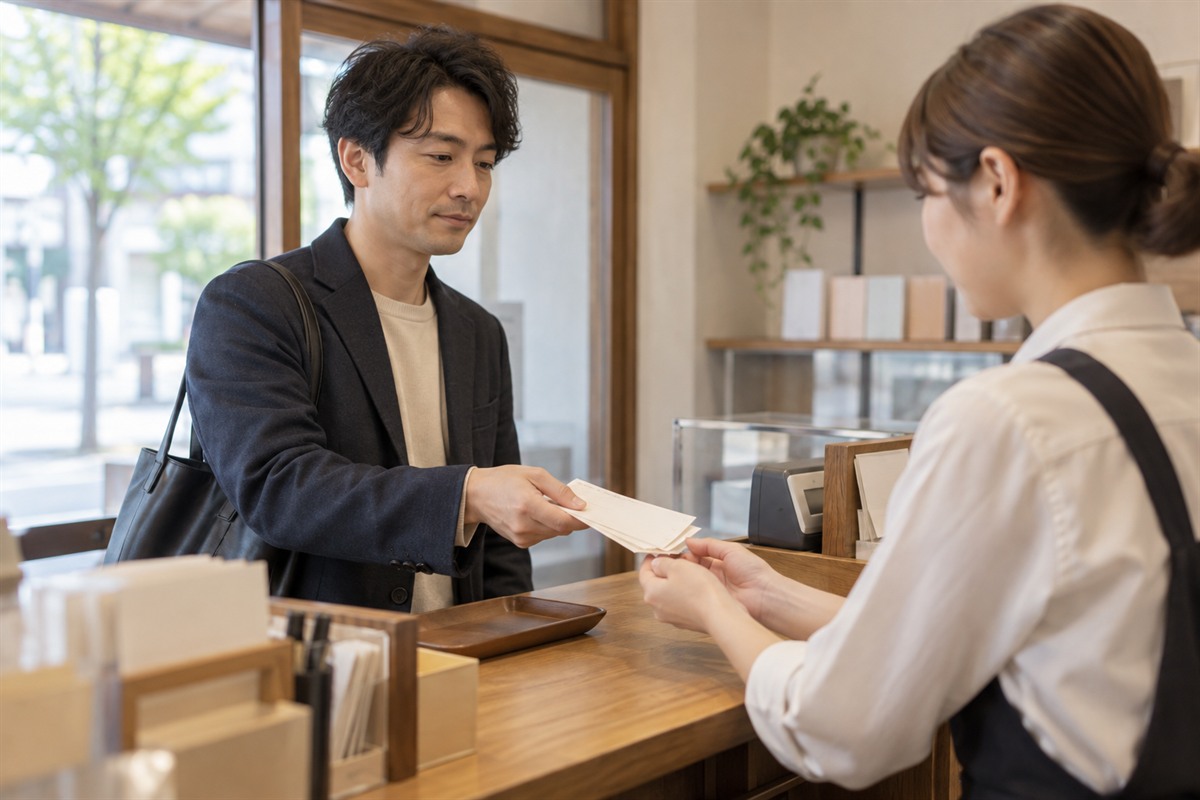 金券ショップのカウンター越しに、店員へ数枚の商品券を差し出す30代の男性