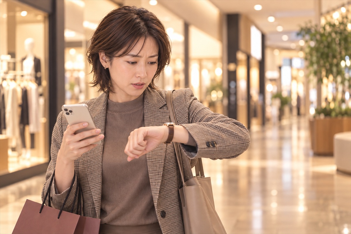 夜のショッピングモールで腕時計とスマートフォンを見て閉店時刻を確かめる女性