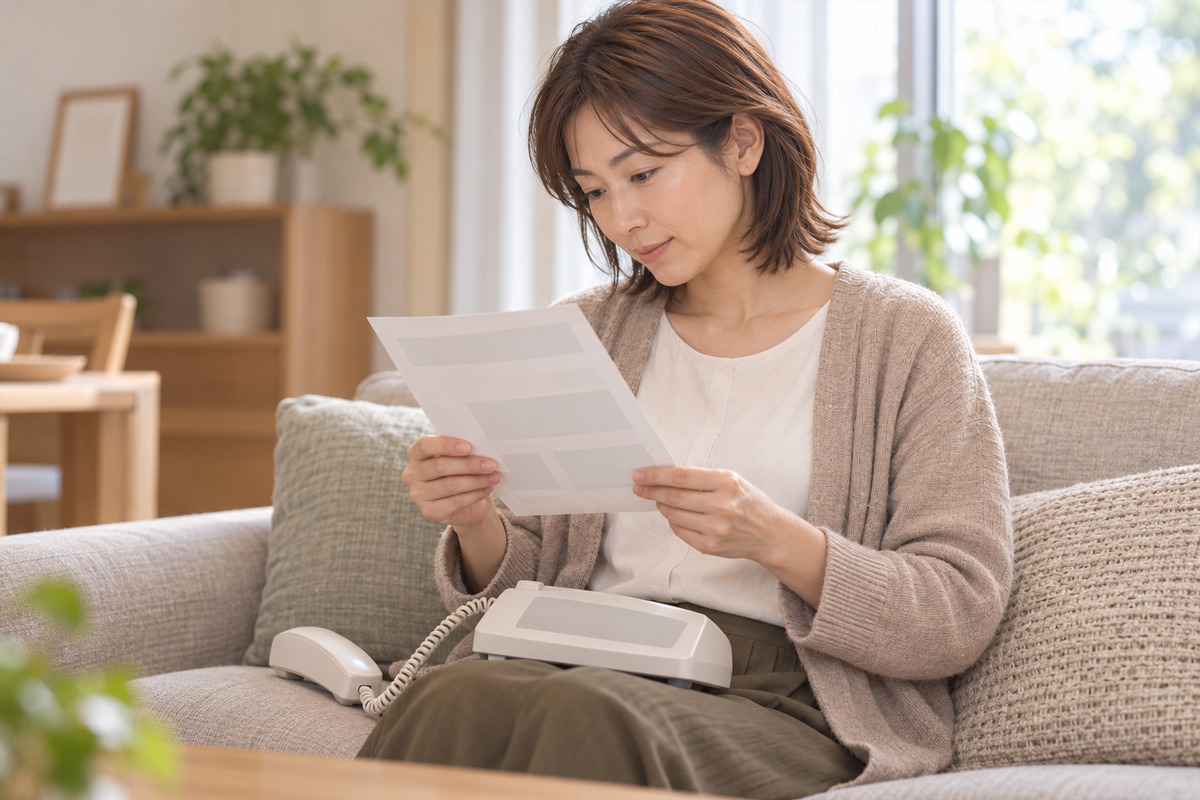 自宅のソファで固定電話を膝に置き、案内の紙を読む30代の女性