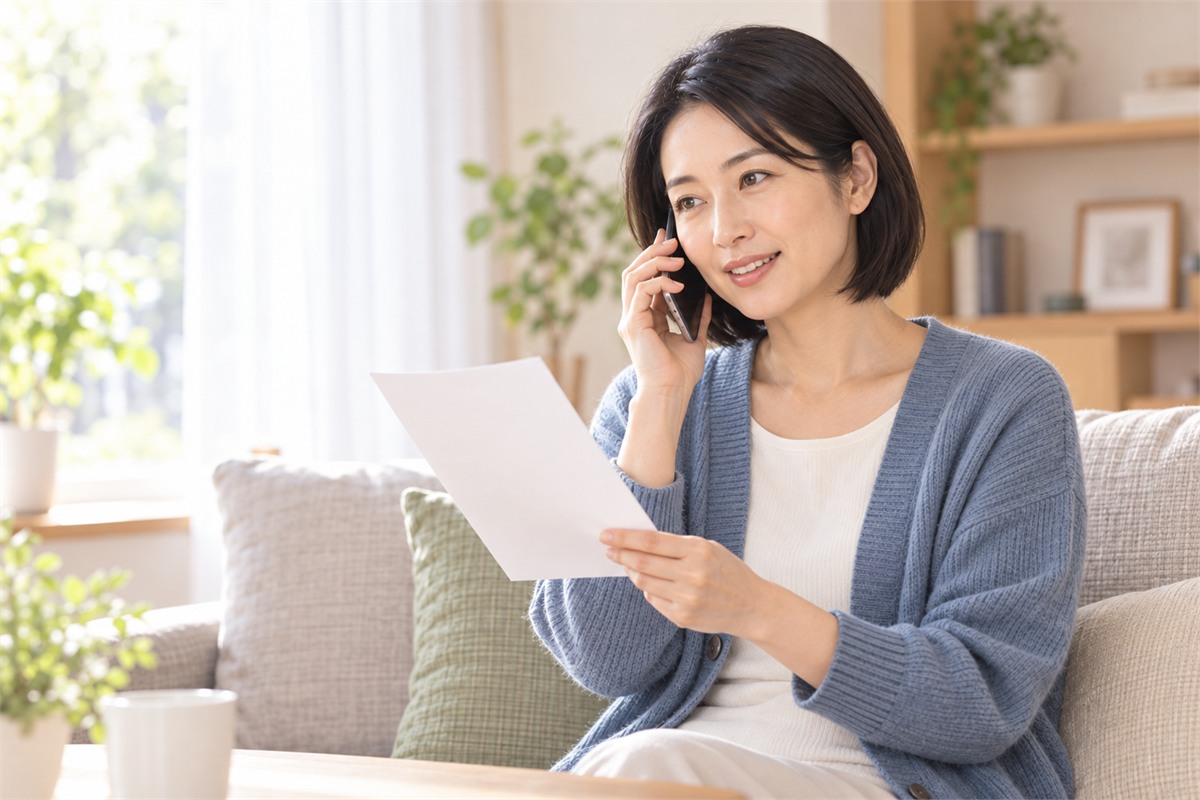 お知らせの紙を手に電話で相談する女性