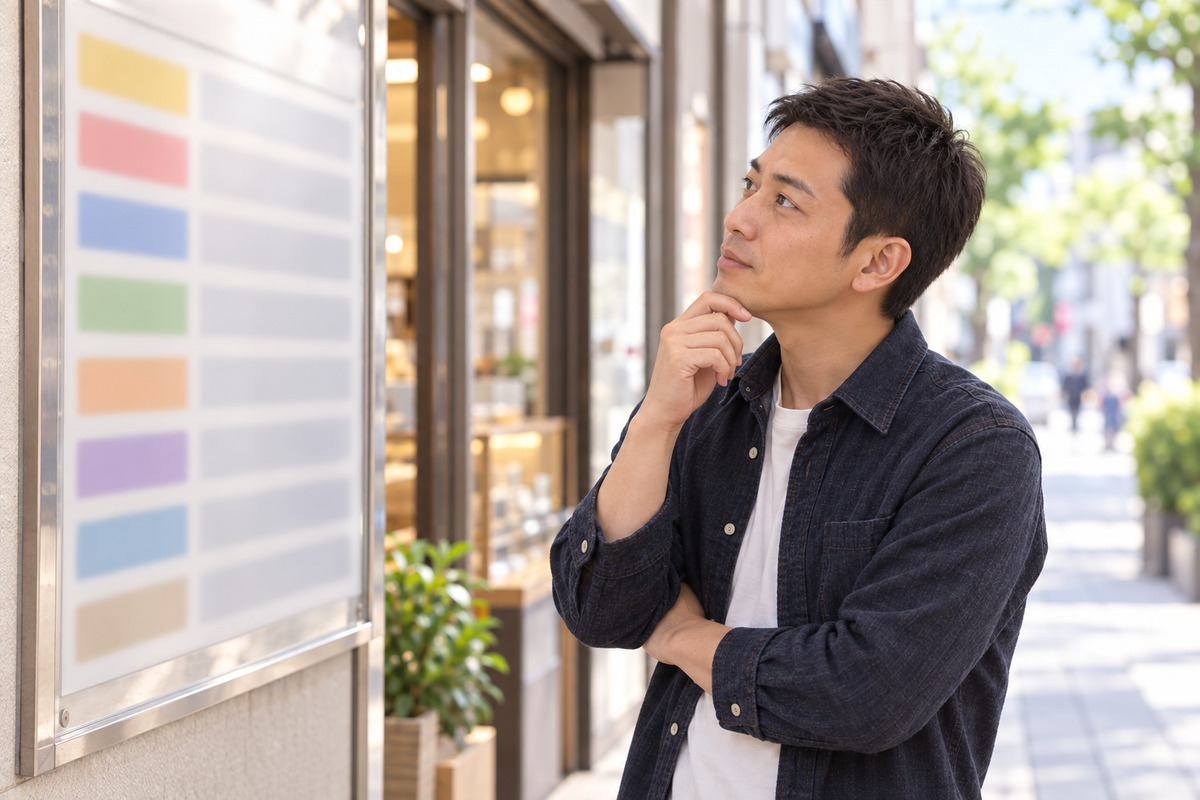 駅前の金券ショップの店頭で、掲示された買取率の表を見上げる30代の男性