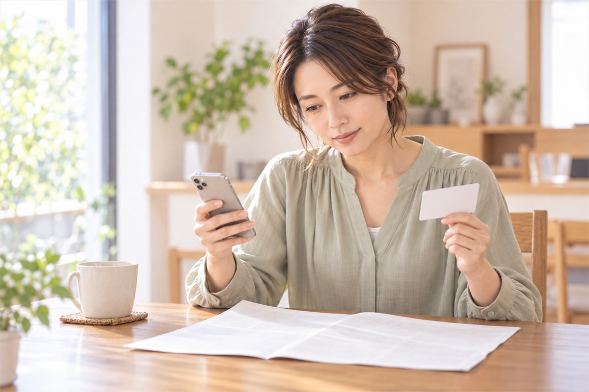 クレジットカードとスマートフォンを手に新聞を前に座る女性
