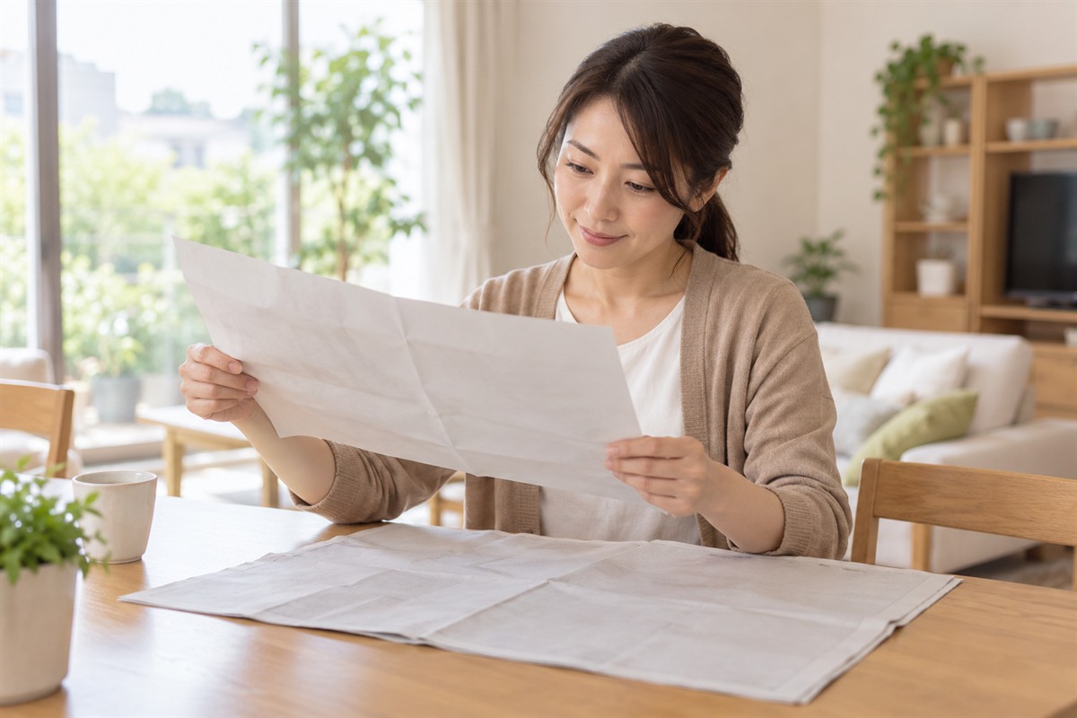 リビングのテーブルで新聞を広げ、折込広告を手に取る30代の女性