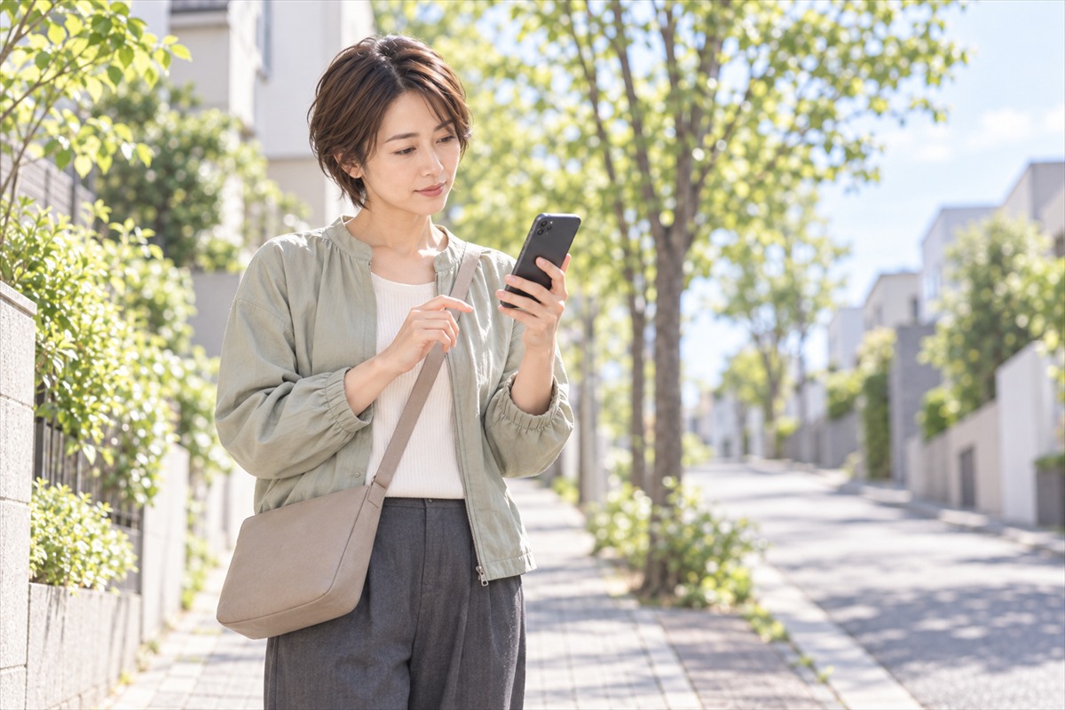 住宅街の歩道で立ち止まってスマートフォンを見る女性