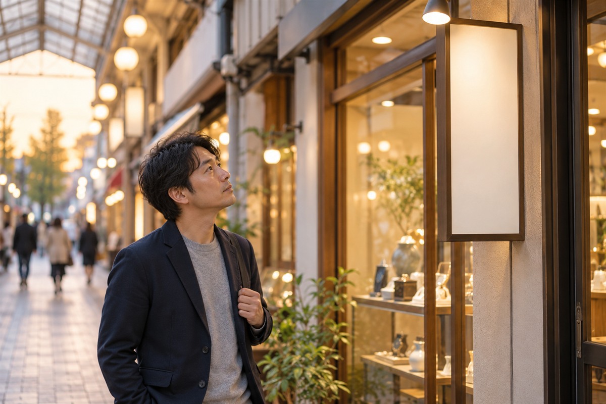 夕方の商店街のアーケードで、質屋の店先に立つ看板を見上げる40代の男性