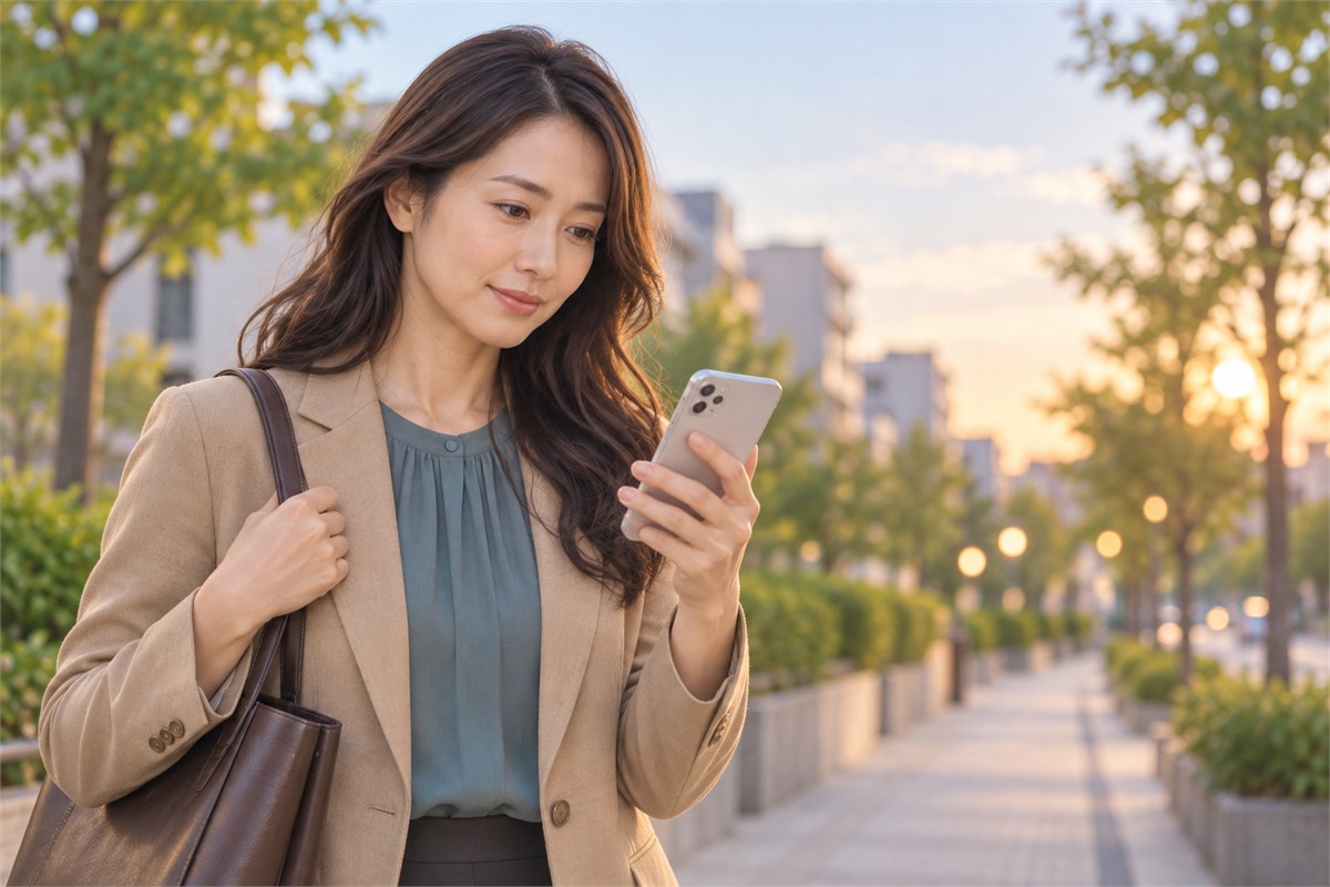 夕方の歩道で立ち止まってスマートフォンを見る女性