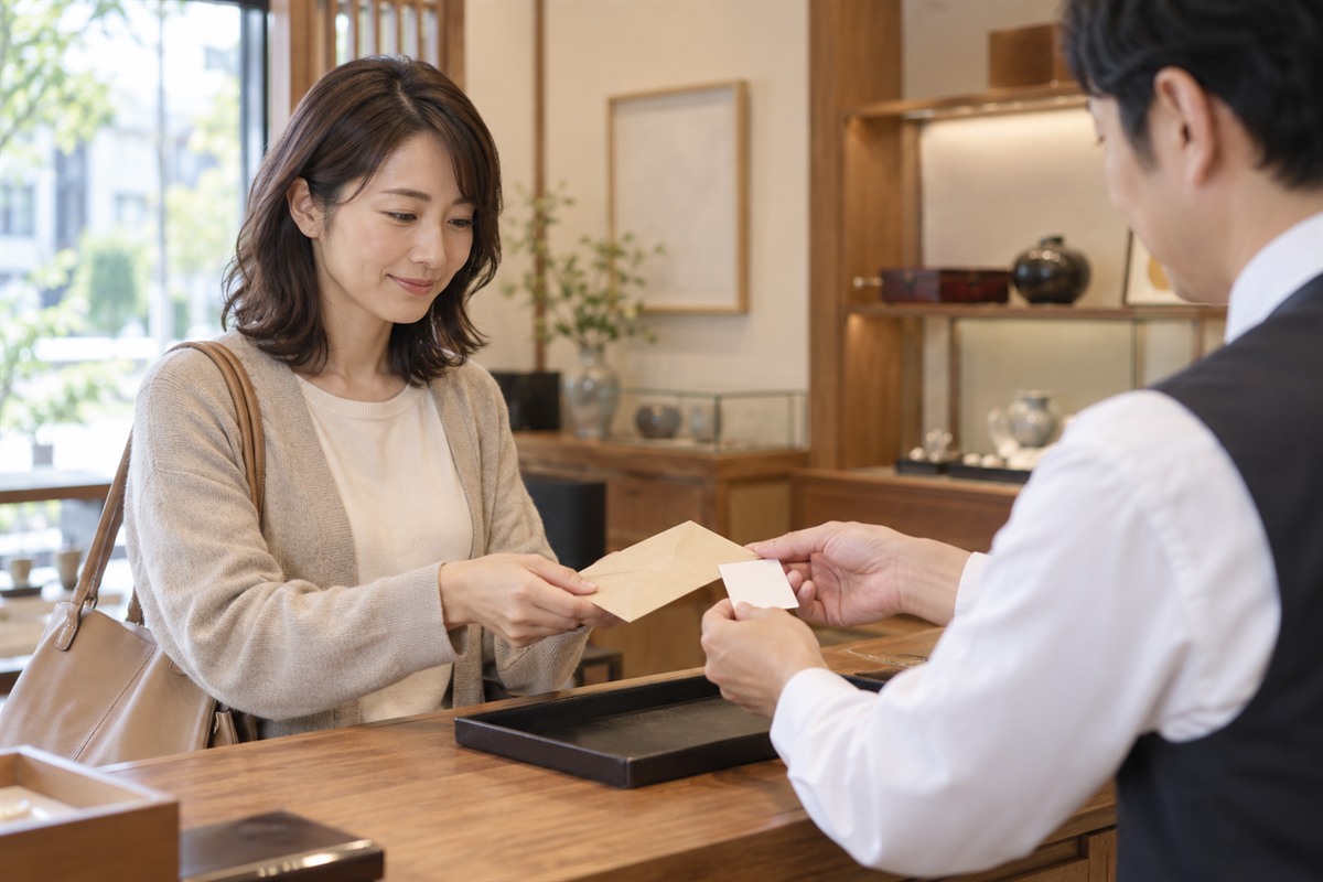 質屋のカウンターで小さな封筒と預かり札を受け取る30代の女性