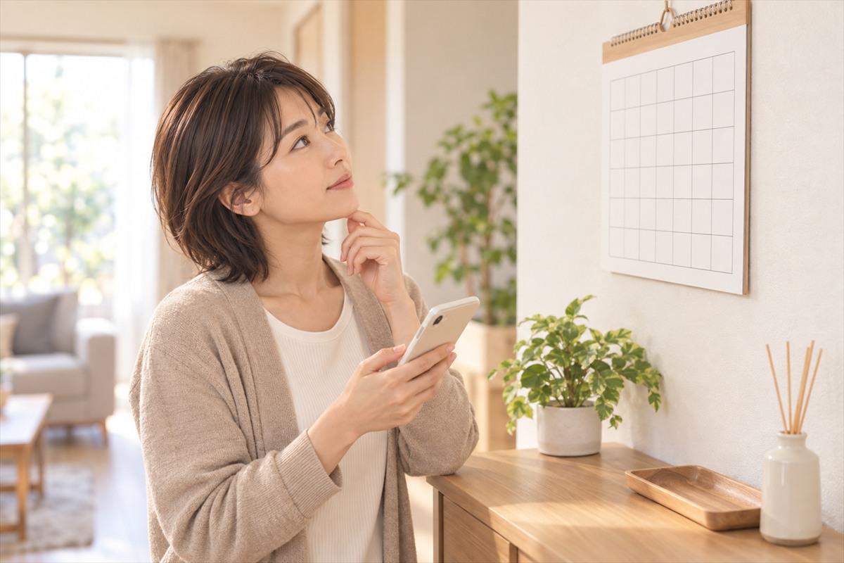 スマートフォンを手に壁のカレンダーを見上げる女性
